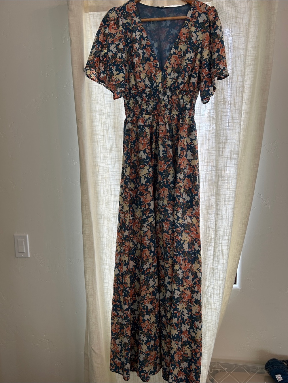 Baltic Born Verona Smocked Maxi Dress Navy and Rust Floral Flutter Sleeve